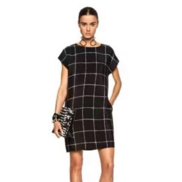 VINCE 100% Silk Black White Windowpane Print Side Pockets Mini Shift Dress Sz M - Picture 15 of 15